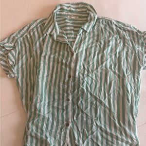 Green & White Striped womens Short-Sleeve Button-Up Shirt